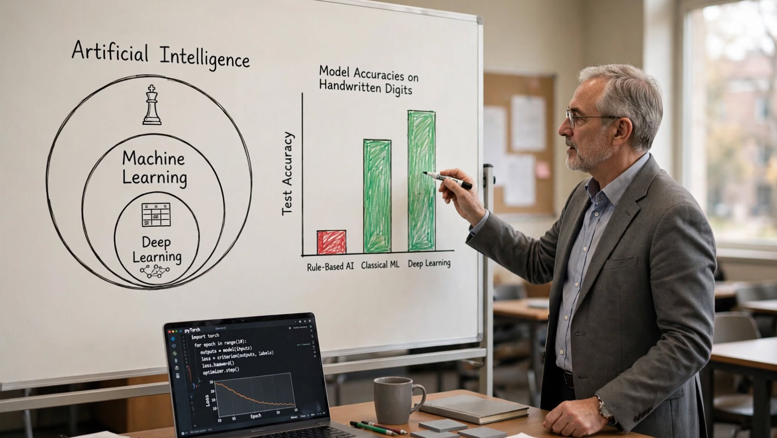 AI vs ML vs Deep Learning explained with code: build a rule-based system, classical ML, and a PyTorch neural net on the same data and compare accuracy.