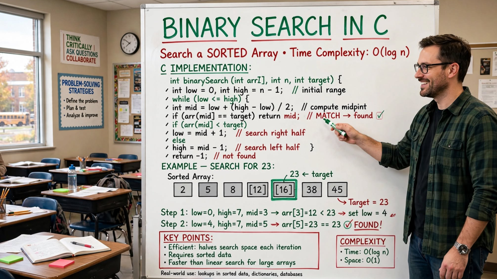 Learn Binary Search in C: iterative, recursive, first/last occurrence, and descending variants. Master O(log n) searching with examples and edge cases.