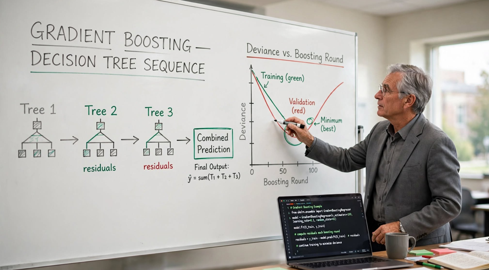 Master gradient boosting and XGBoost: full math, production Python code, early stopping, hyperparameter tuning, and pitfalls — with measured results.