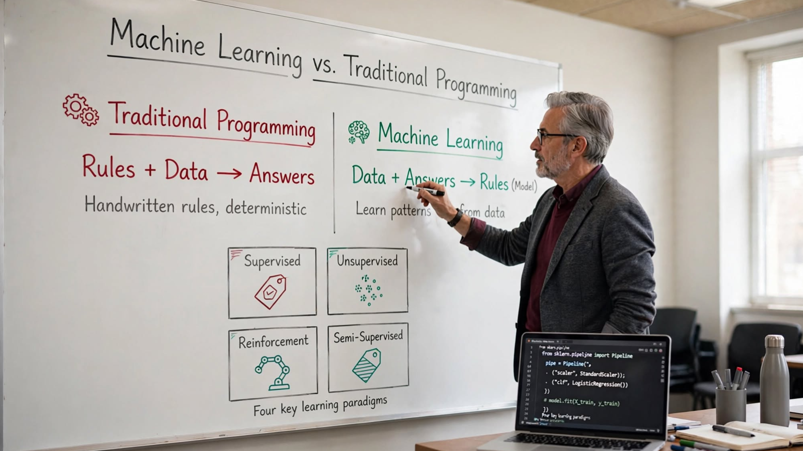 Learn machine learning from scratch: core paradigms, the full ML pipeline, and three hands-on Python examples for classification, regression, and clustering.