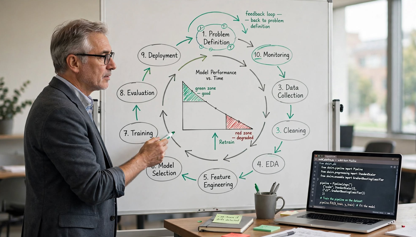 Master the machine learning lifecycle: problem definition, data cleaning, EDA, feature engineering, training, deployment, and drift monitoring in one Python project.