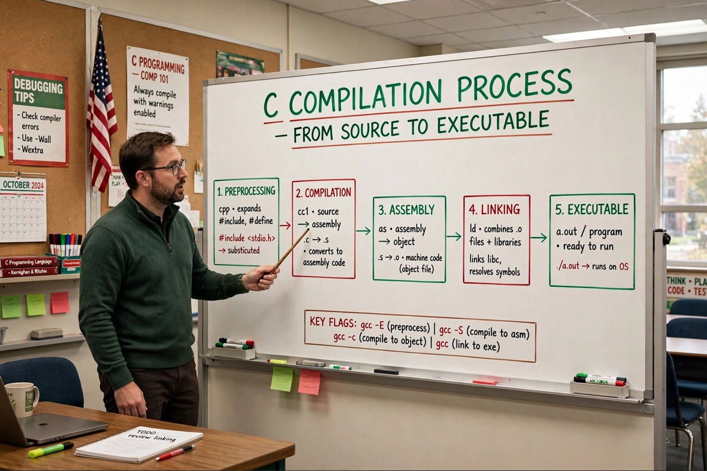 Master the C compilation process: preprocessing, compilation, assembly, and linking. Learn GCC commands, intermediate files, and common pitfalls.