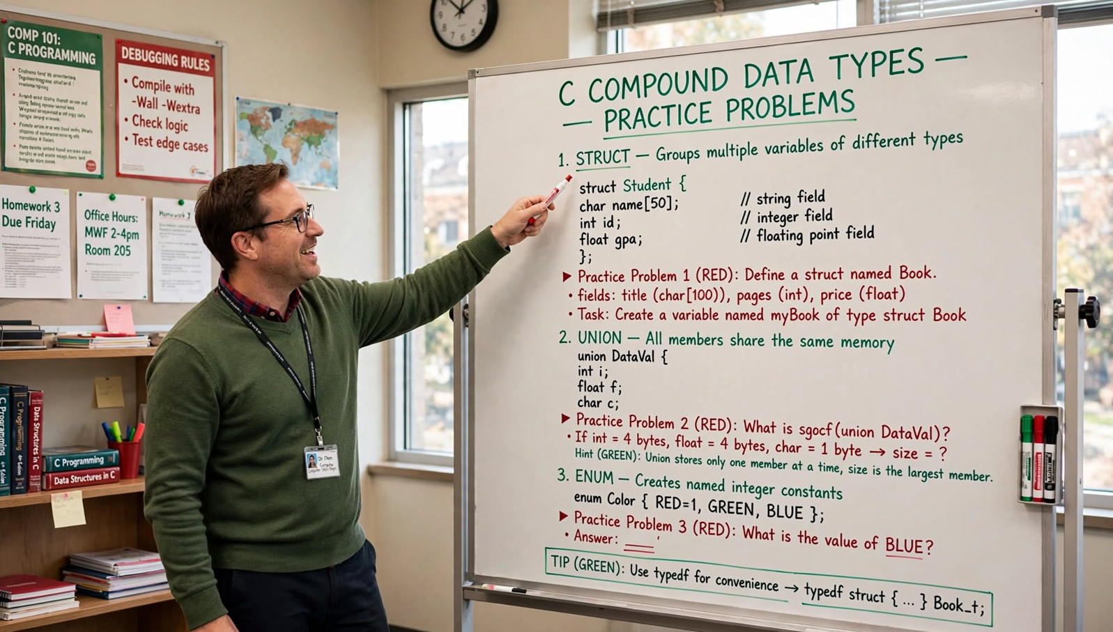 Master C compound data types with 19 practice problems on arrays, pointers, strings, structs, and unions. Full C99 code with edge cases.