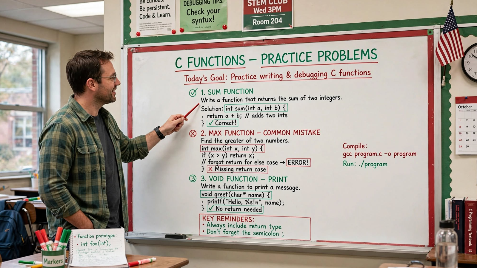 Master C functions with 11 graded practice problems: print, sum, factorial, prime factorization, recursion, Fibonacci. Full C99 code and edge cases.