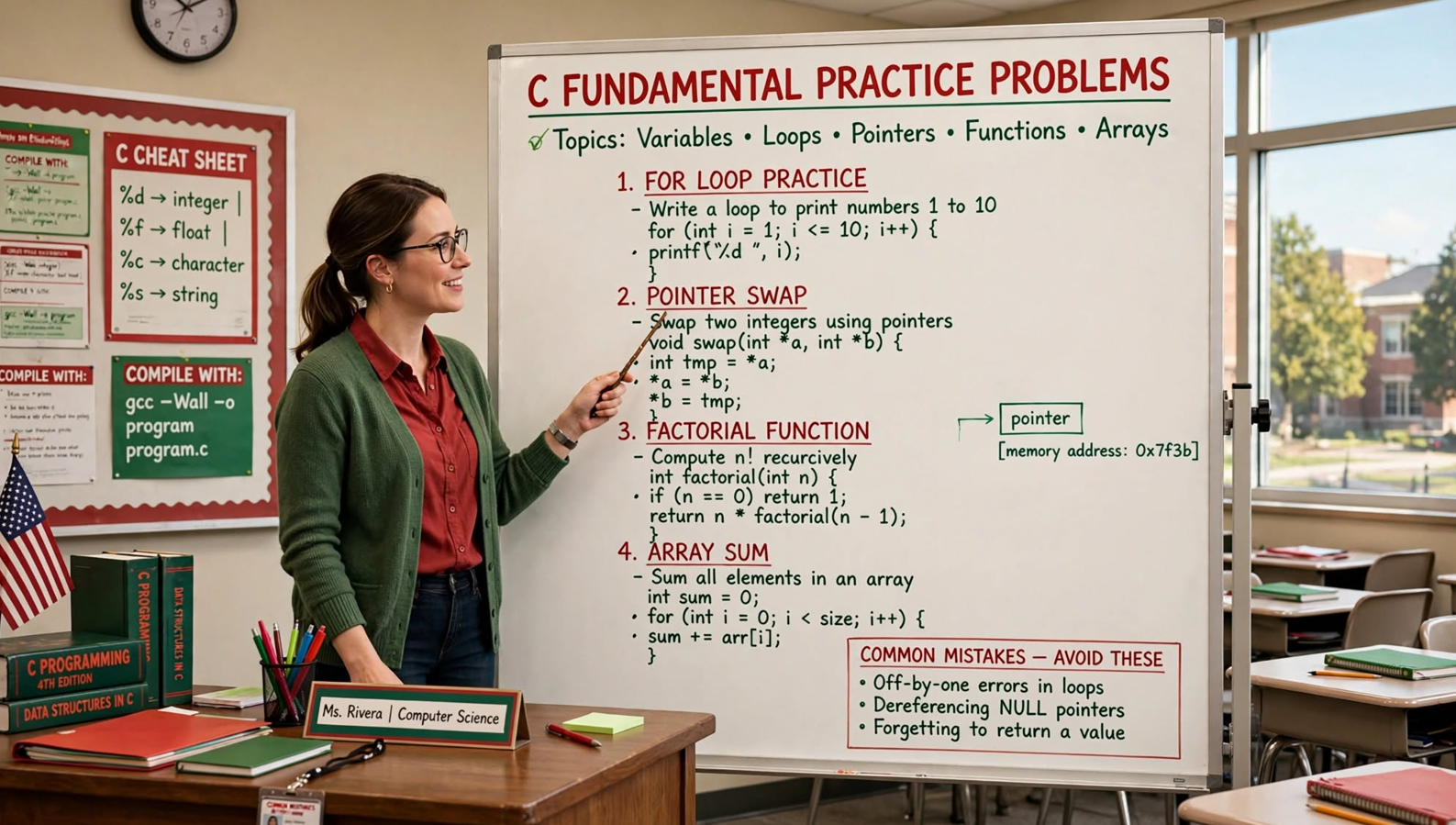 Master C fundamentals with practice problems: variables, data types, I/O, operators, conditionals, and loops. Full C99 code with edge cases.