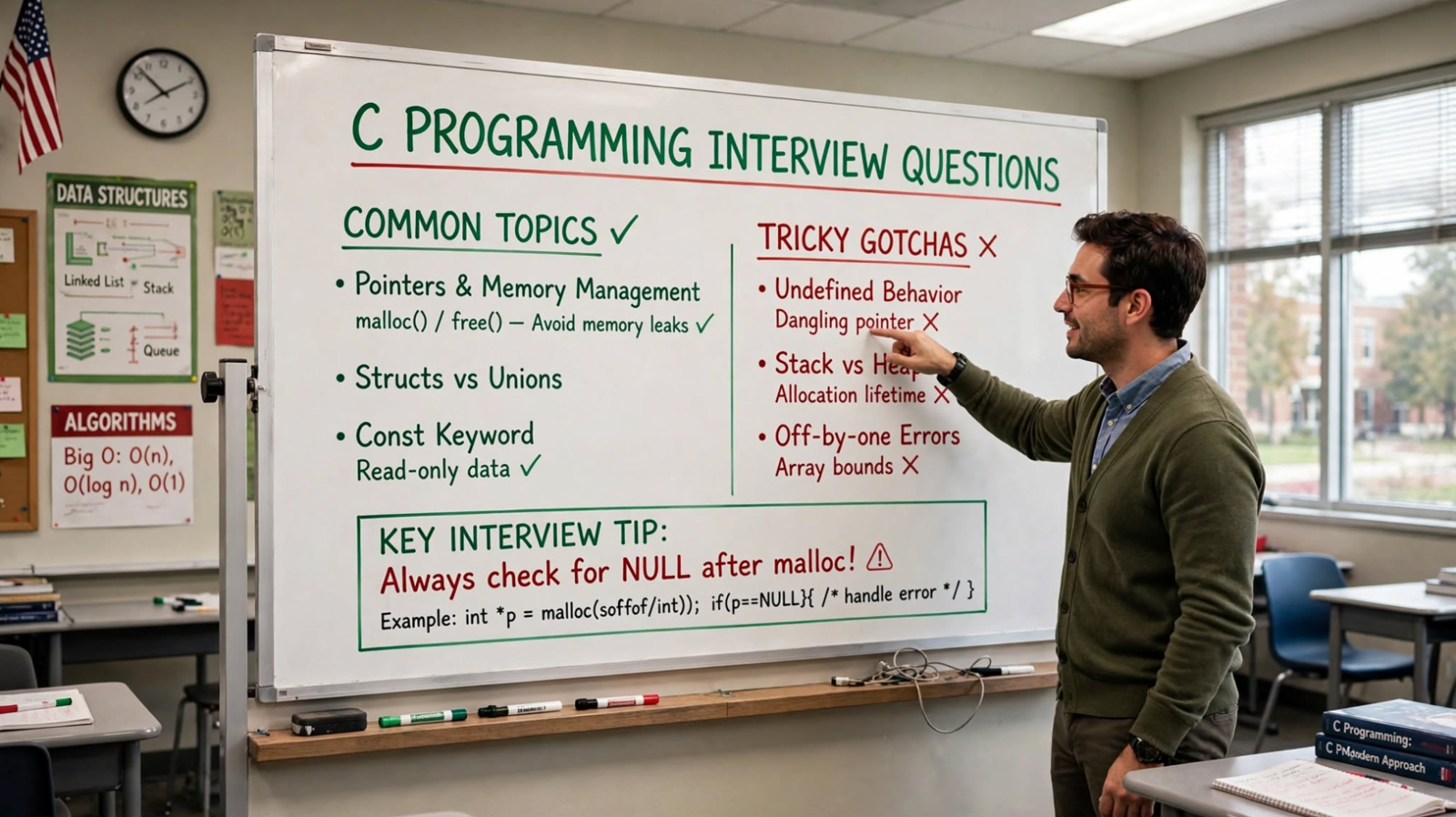 Master C interview questions: pointers, memory management, recursion, strings, and data structures. Prepare for beginner to advanced levels.