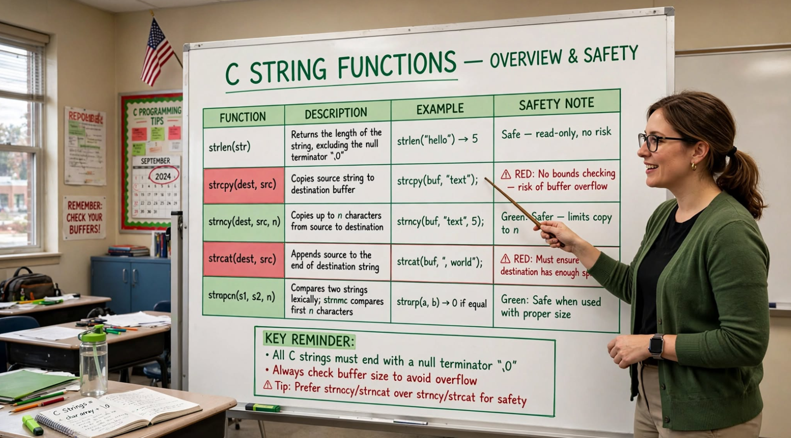 Learn C string functions: strlen, strcpy, strcat, strcmp, strchr, strstr, sprintf, strtok. Master safe string manipulation and avoid pitfalls.