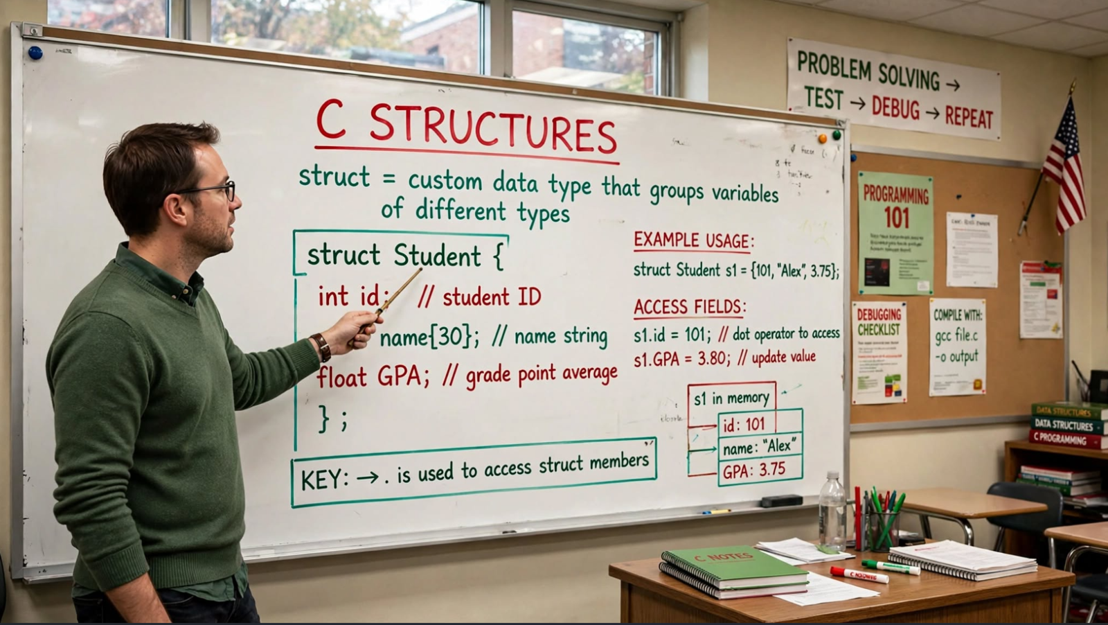 Learn C structures: definition, initialization, access, nested structures, pointers, typedef, and bit fields. Master grouping data in C programming.