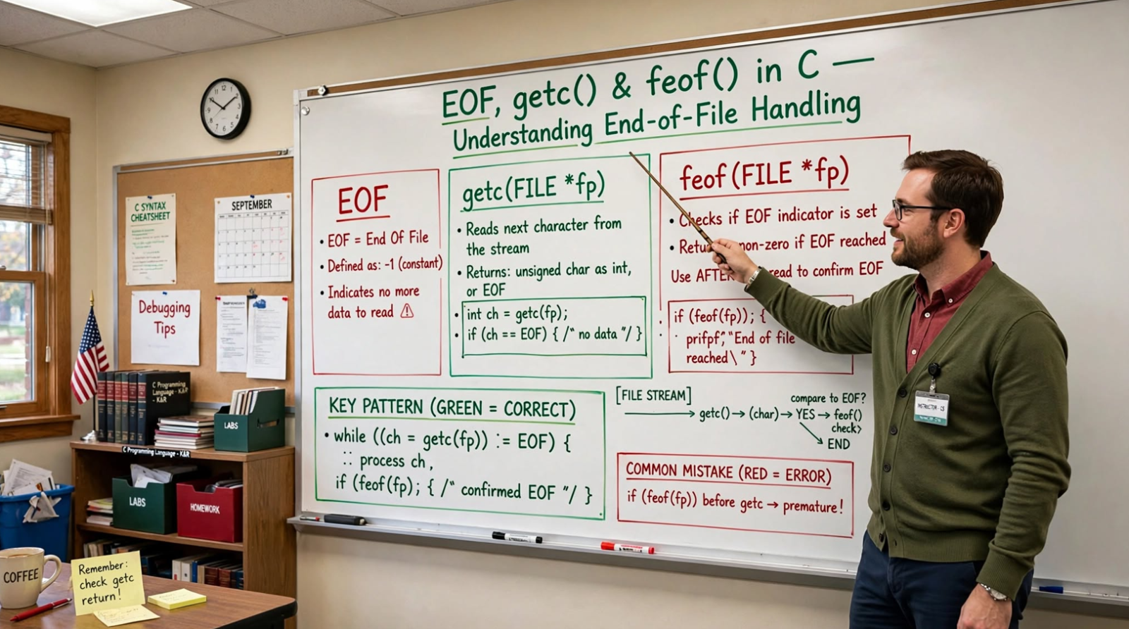 Learn C EOF, getc, and feof: detect end of file, distinguish EOF from read errors, and master robust file reading with examples.