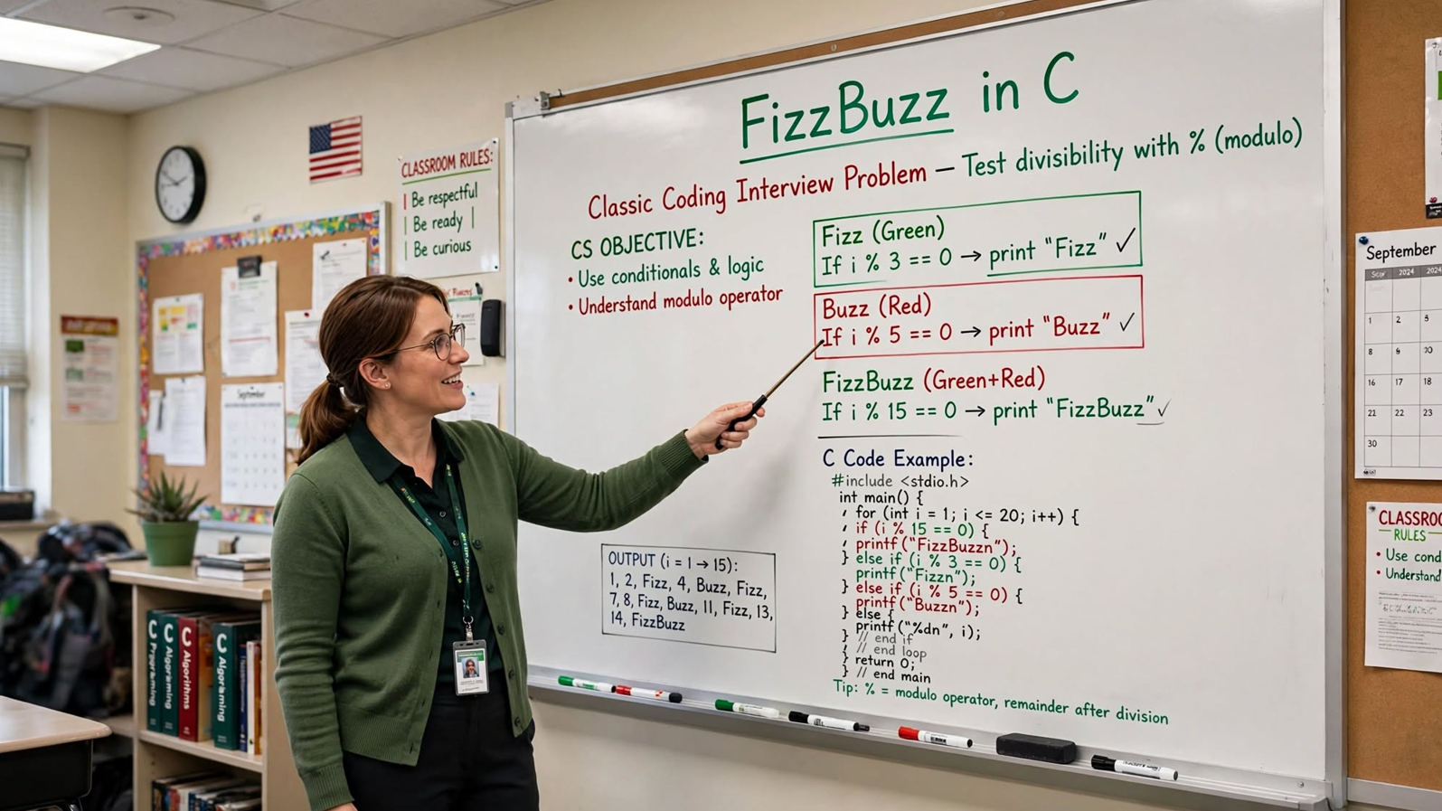 Learn Fizz Buzz in C: naive branching, string concatenation, and hash-map table-driven approaches with extended rules. Complete code examples.
