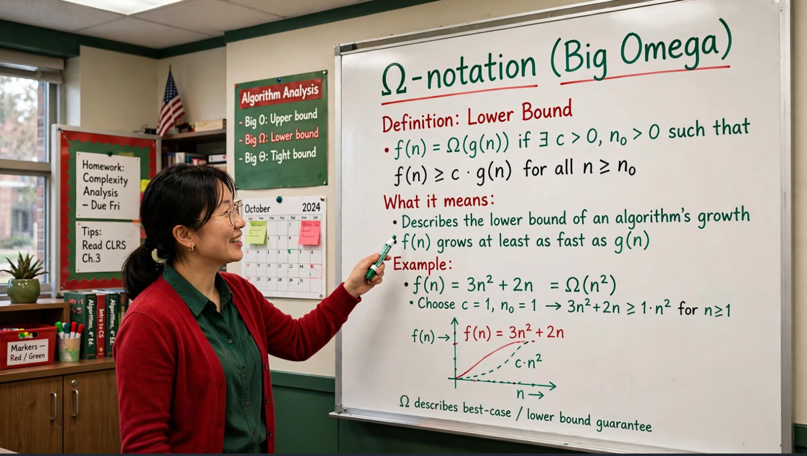 Learn Omega notation: lower bounds, best-case analysis, examples, and comparison with Big O and Theta. Master algorithm efficiency.