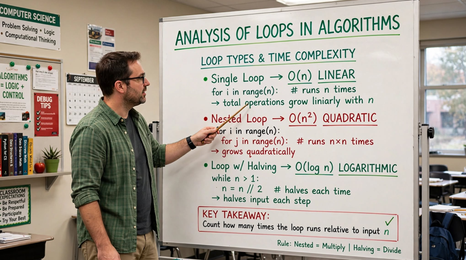 Learn loop complexity analysis: O(1), O(n), O(n²), O(log n), and O(log log n). Master algorithm efficiency with practical examples.