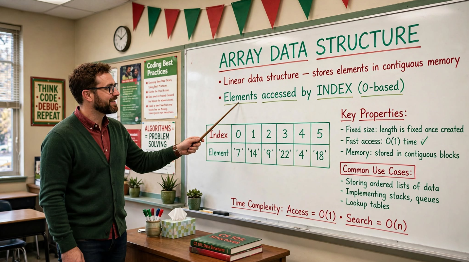 Learn array data structure: fundamentals, operations, searching, sorting, and common problems. Master arrays in C with practical examples.