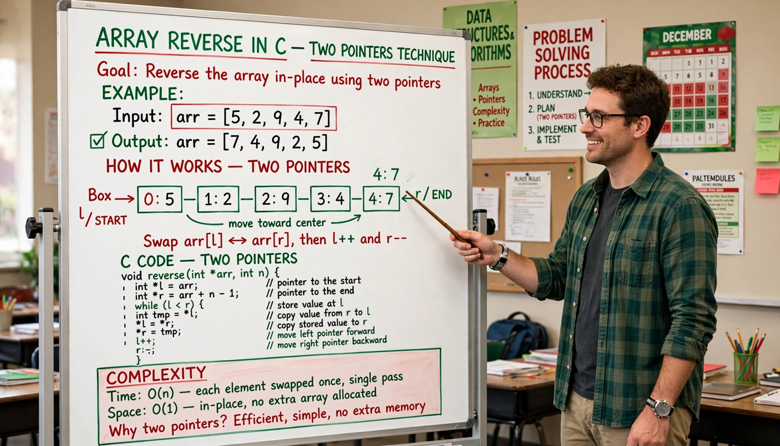 Learn array reversal in C: temporary array, two pointers, single pointer, and recursive approaches. Master in-place reversal with O(1) space.
