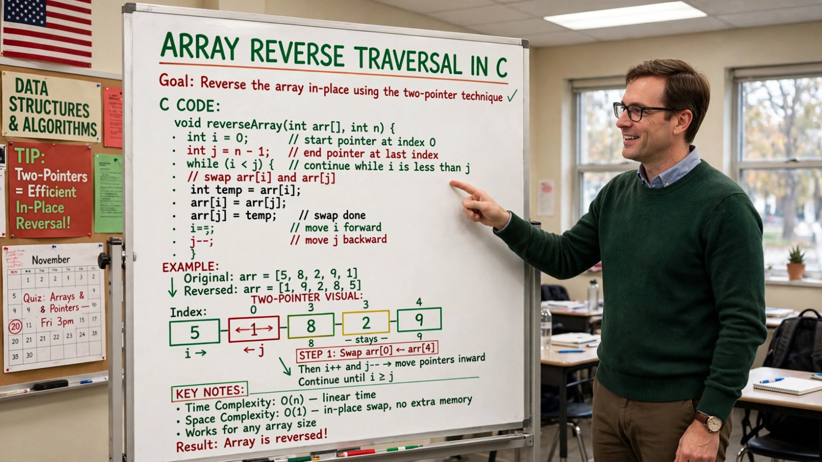 Learn array reverse traversal in C: syntax, pointer-based traversal, string reversal, palindrome checking, and in-place reversal. Avoid common pitfalls.