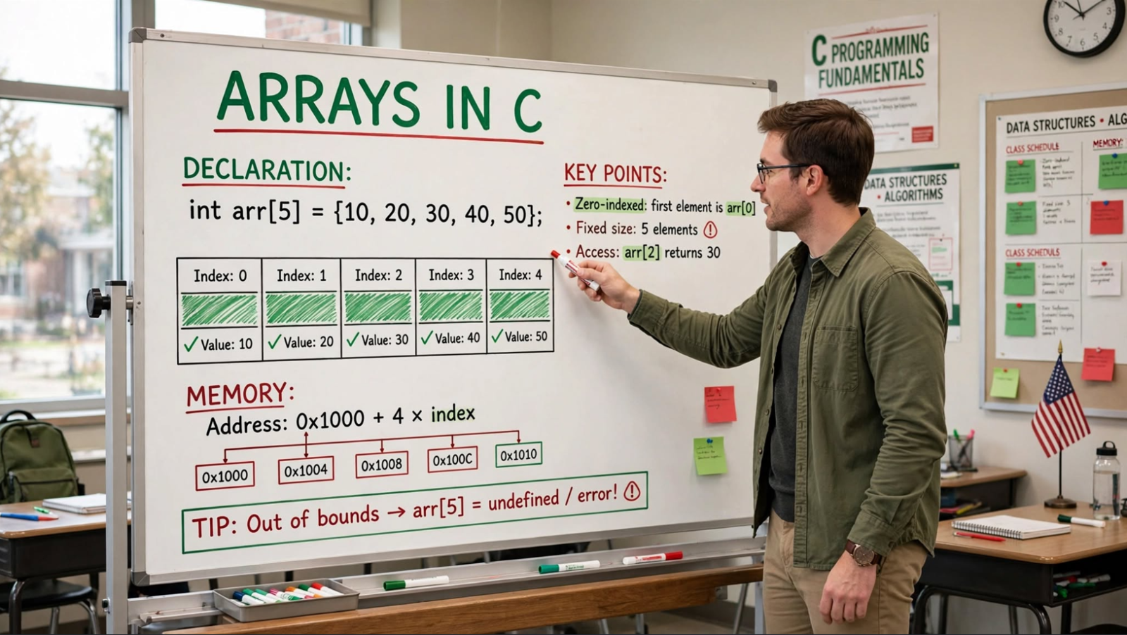 Learn C arrays: declaration, initialization, access, update, traversal, and size calculation. Master array operations and avoid common pitfalls.