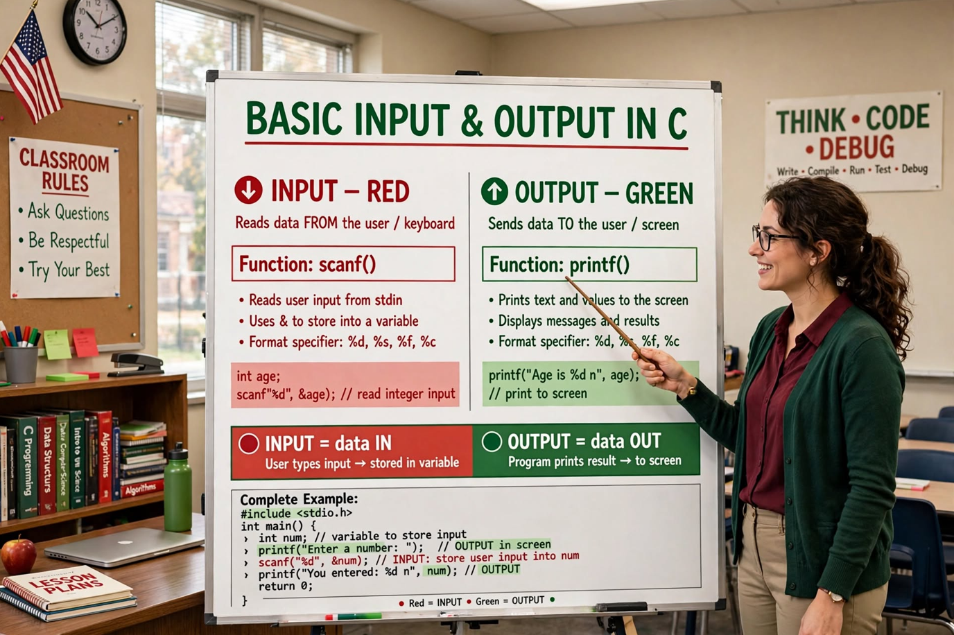 Learn C input/output with printf, fputs, scanf, fgets, and getchar. Safe I/O practices, format specifiers, error handling, and common pitfalls explained.