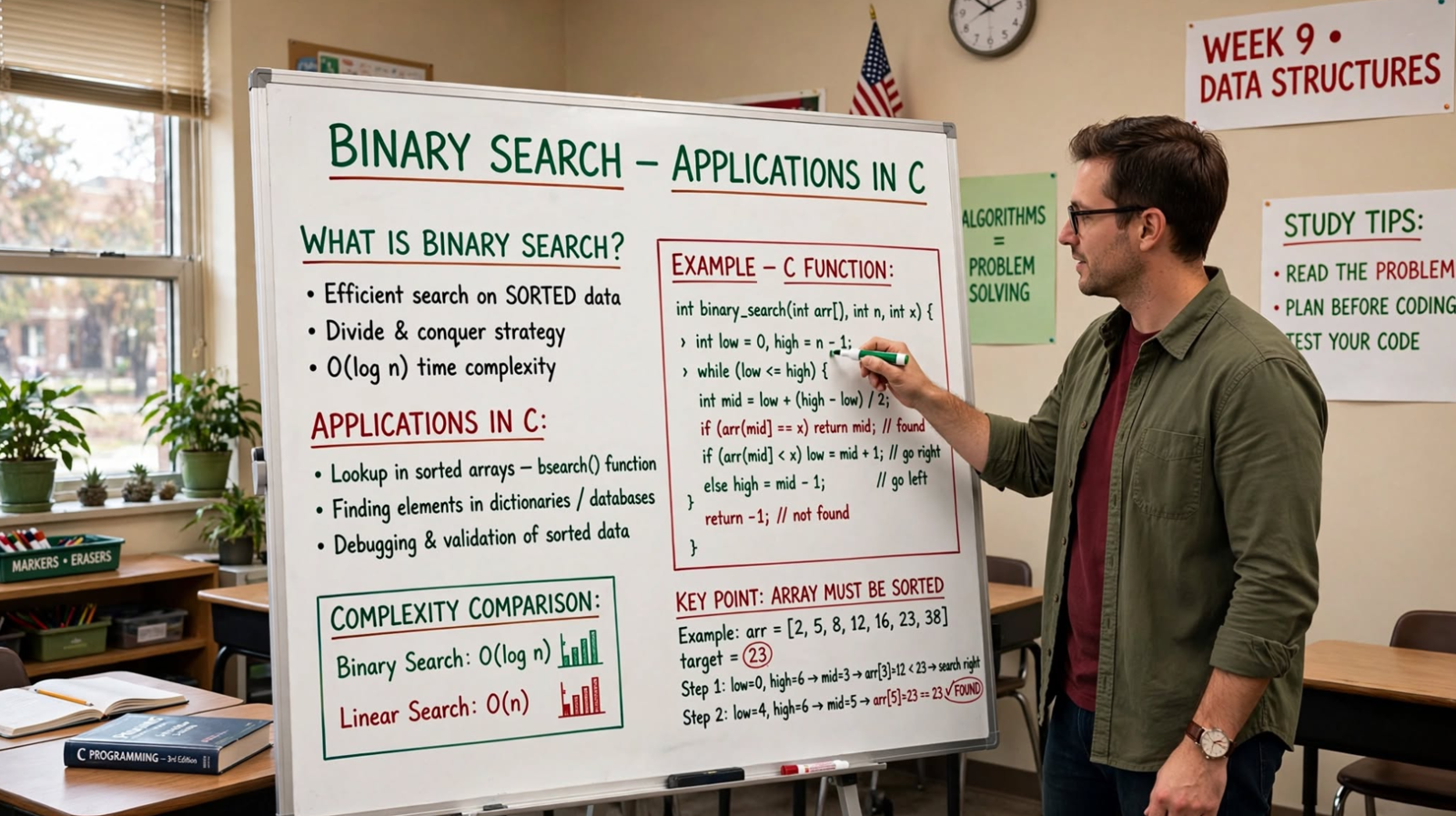 Master 7 binary search applications in C: sqrt, first/last position, count 1's, unbounded search, rotated arrays, and aggressive cows. Complete code examples.