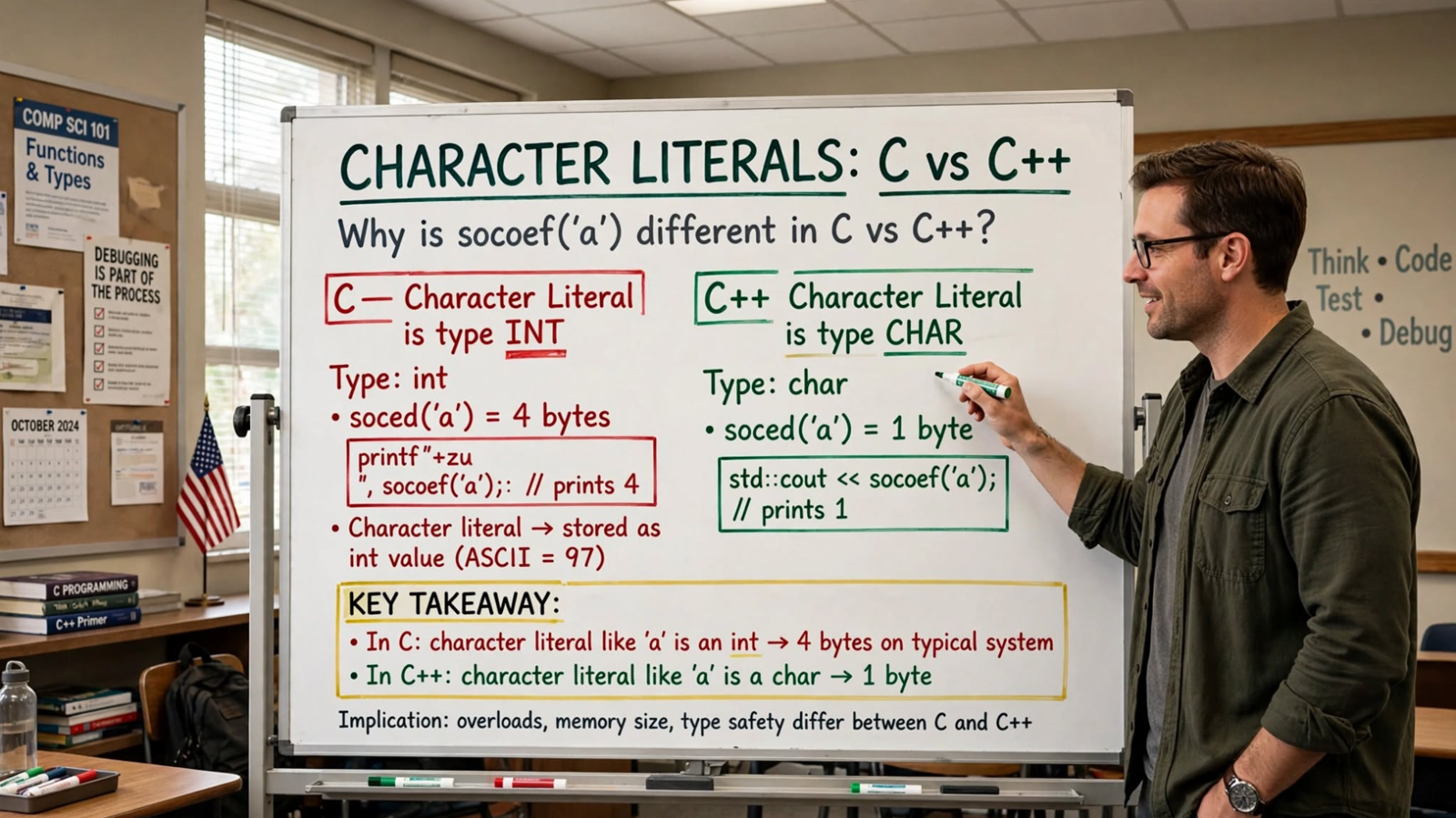 Learn why character literals are int in C but char in C++. Understand sizeof differences, function overloading, and portability issues between languages.