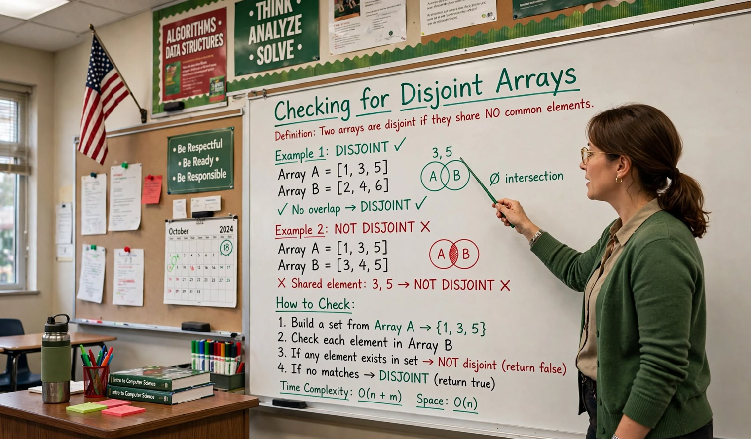 Learn to check if two arrays are disjoint in C: naive O(n×m), sort+two pointers, and O(n+m) hash set approaches with examples.