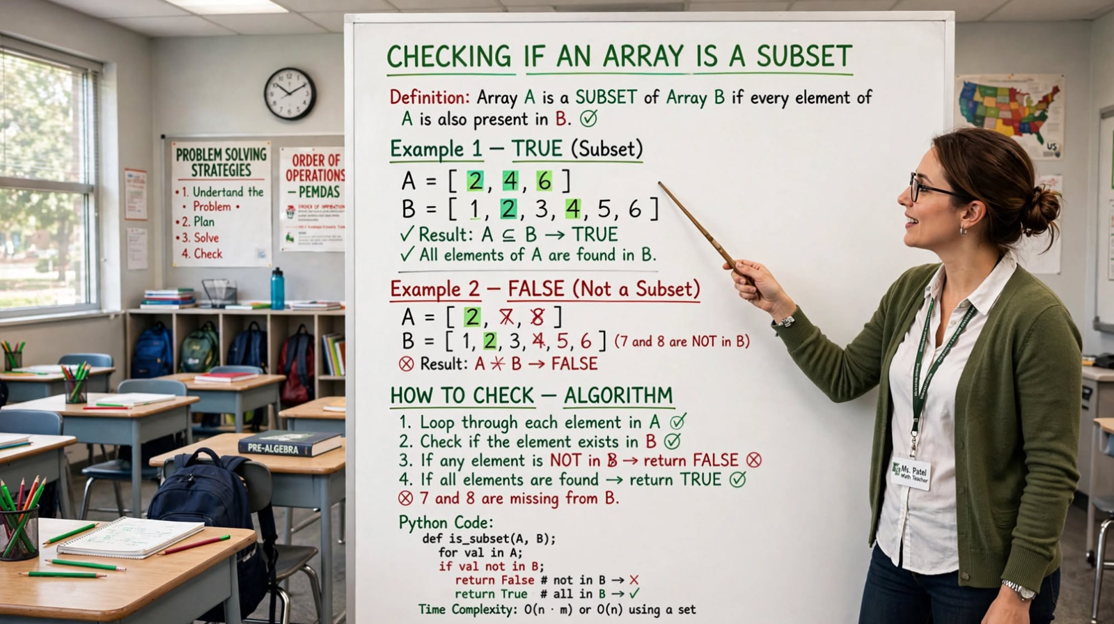 Learn to check if an array is a subset of another in C: naive O(m×n), sort+two pointers, and O(m+n) hash set approaches with examples.