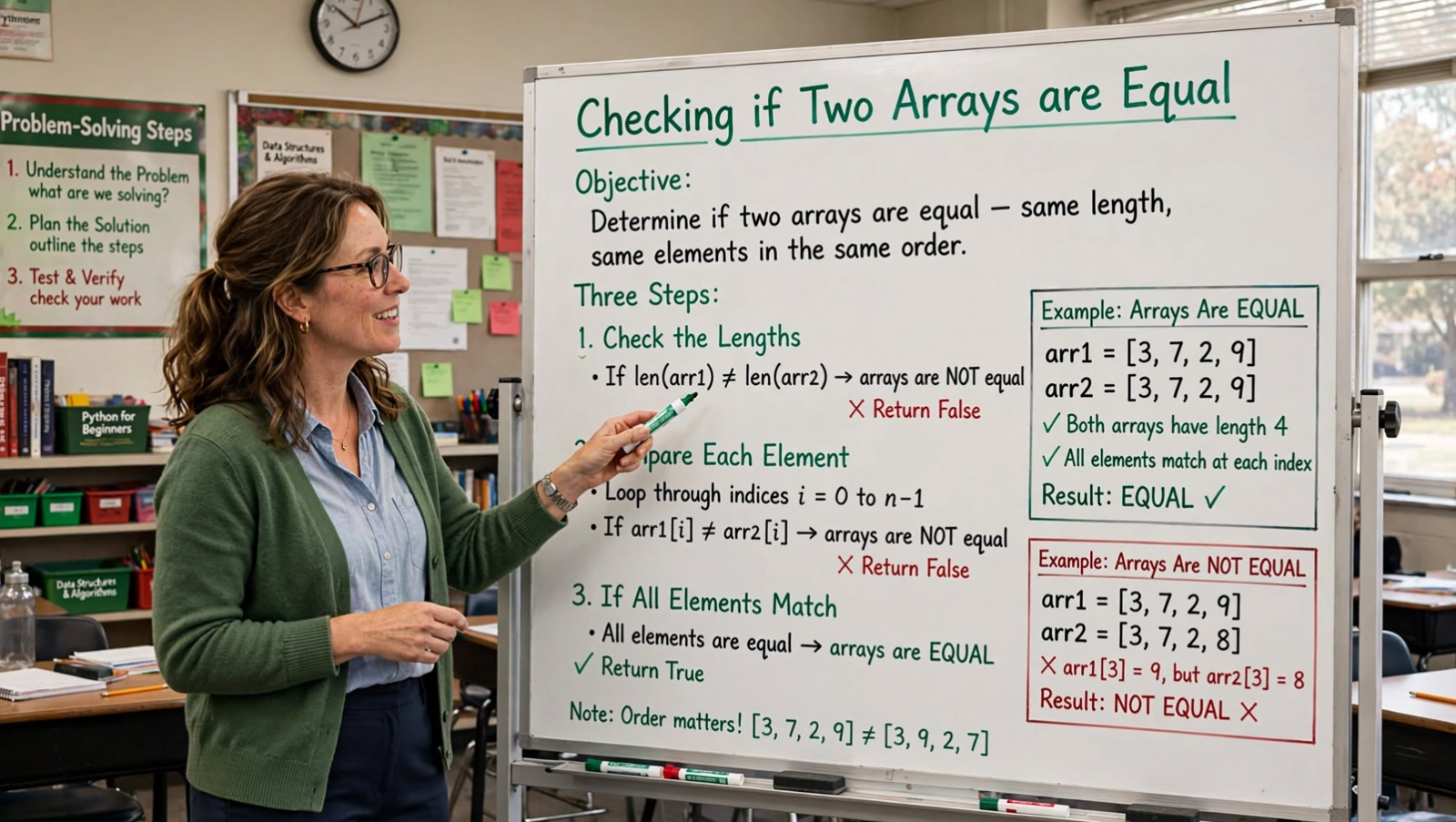 Learn to check if two arrays are equal in C: sorting O(n log n) and hash map O(n) approaches with frequency counting. Complete code examples.