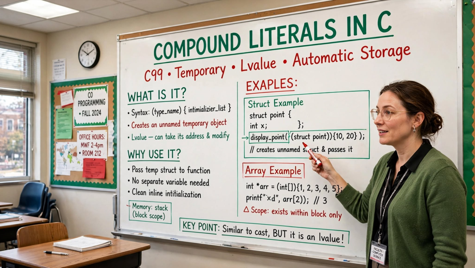 Learn C compound literals: syntax, arrays, structures, unions, scope rules, and common pitfalls. Write concise C99 code with unnamed objects.