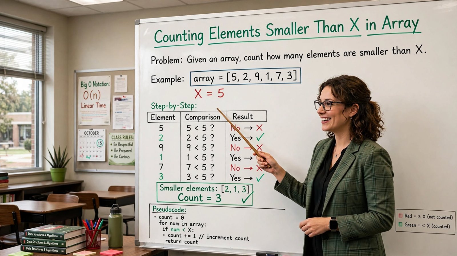 Learn to count elements smaller than X in C arrays using linear scan and binary search. Master O(n) and O(log n) approaches with edge cases.