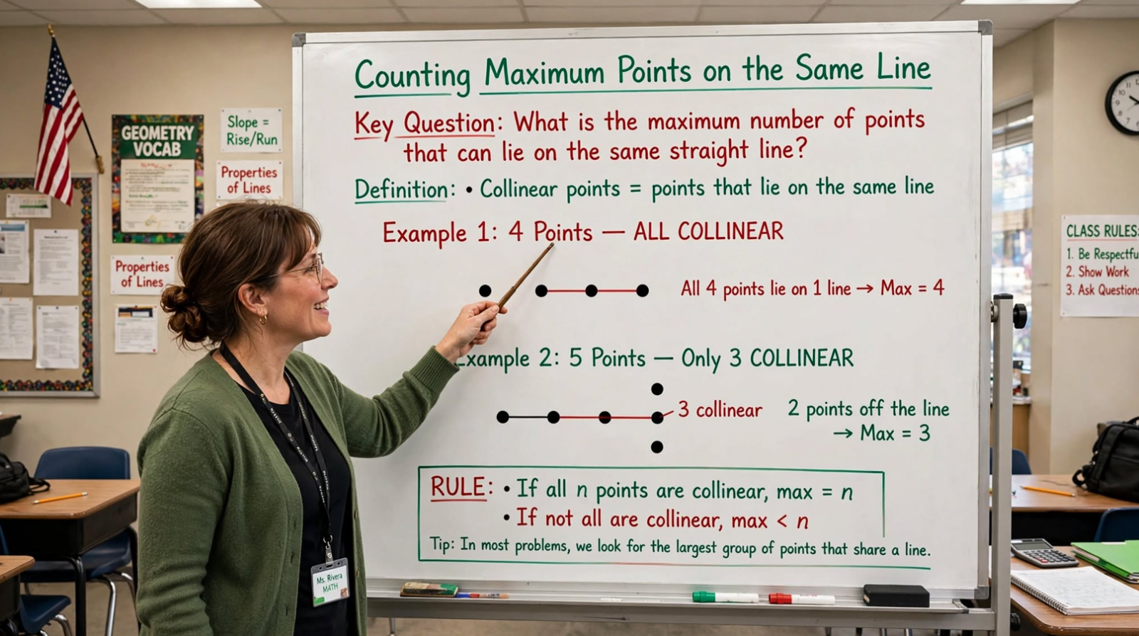 Learn to find the maximum number of collinear points in C: naive O(n³) cross-product and O(n²) slope hashing approaches with code examples.