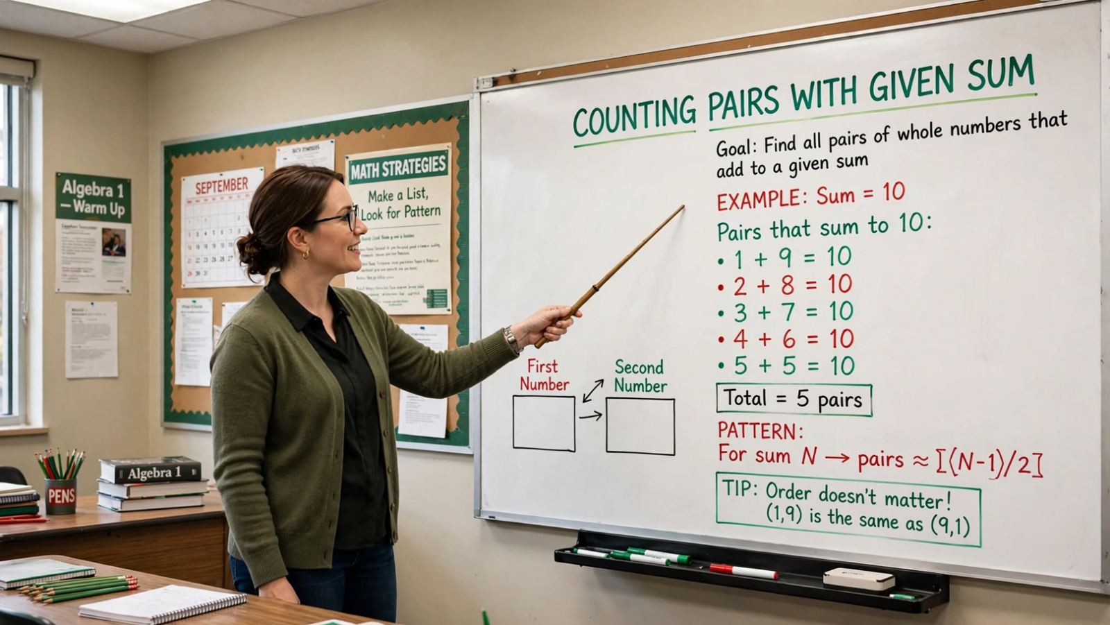 Learn to count pairs with a given sum in C: naive, sort+two pointers, and hash map O(n) approaches with combinatorial counting and edge cases.