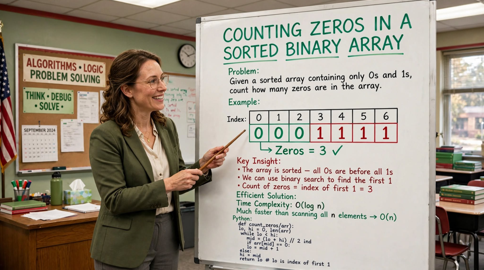 Learn to count zeros in a sorted binary array using linear scan and binary search. Master O(log n) algorithm with edge cases and performance tips.