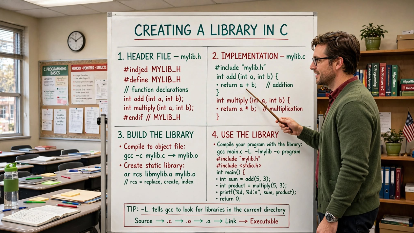 Learn to create static and shared libraries in C: header files, ar command, gcc -shared, fPIC, and linking. Master code reuse.