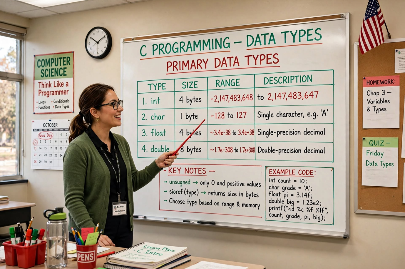 Learn C data types: int, char, float, double, void, arrays, pointers, struct, union, enum. Master sizes, ranges, modifiers, and best practices.