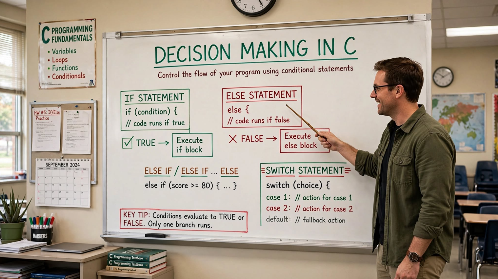 Learn C decision making: if, if-else, nested if-else, if-else-if ladder, switch, and conditional operator. Master control flow with examples.