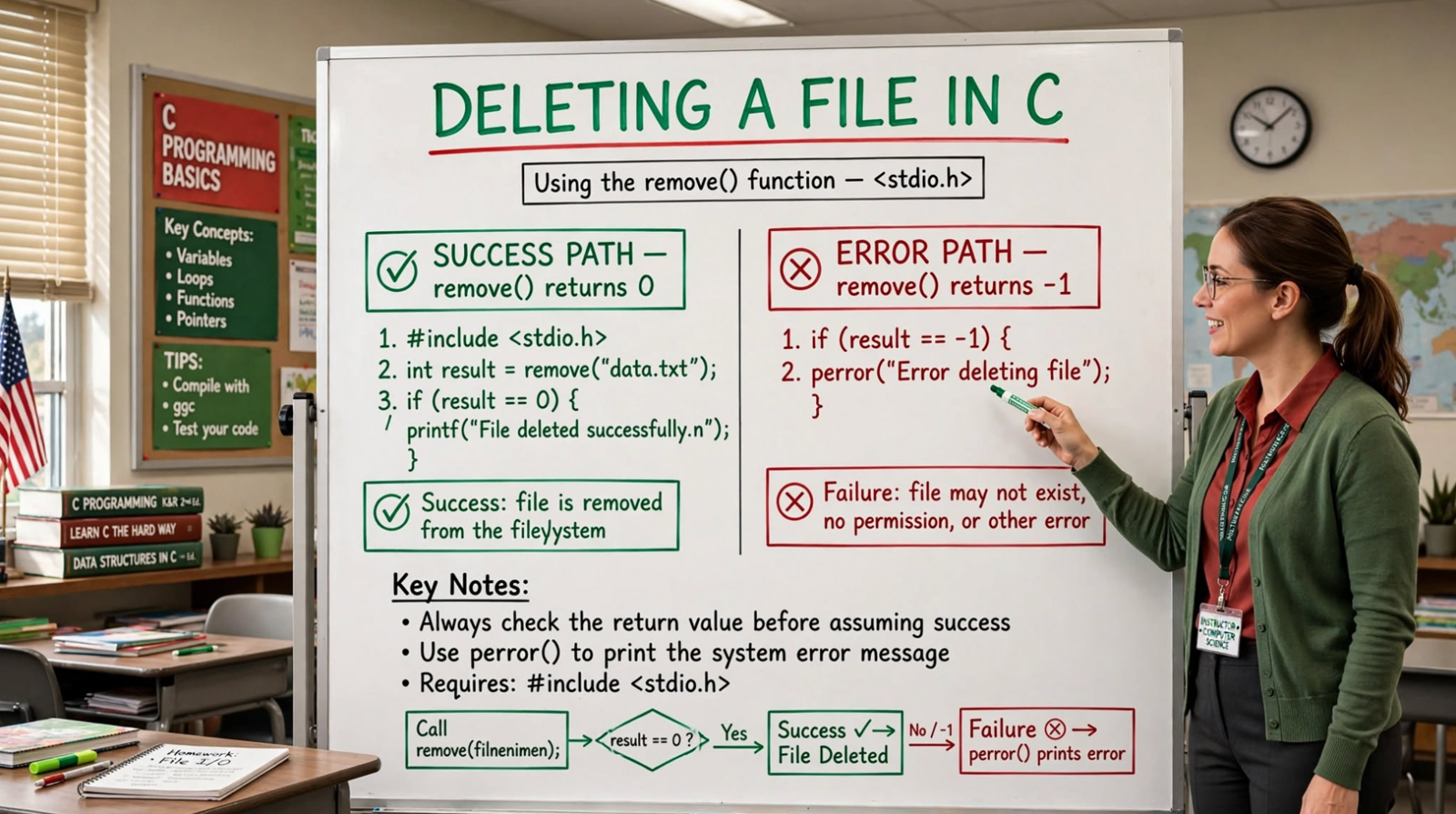 Learn to delete files in C using the remove() function. Master error handling, file existence checks, and practical file management examples.