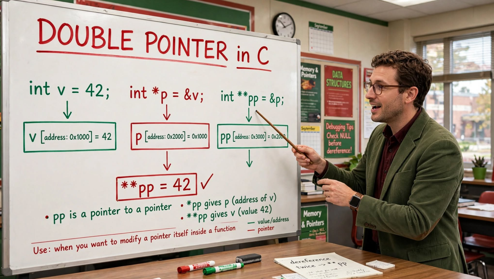 Learn C double pointers: declaration, dereferencing, dynamic 2D arrays, array of strings, and multilevel pointers. Master memory management.
