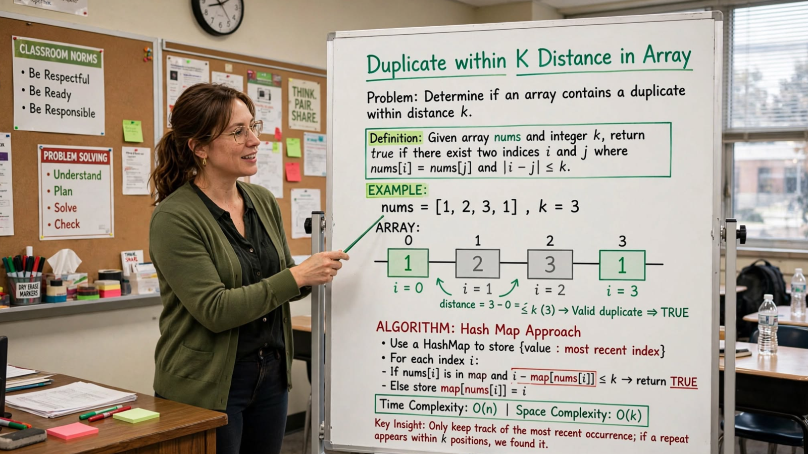 Learn to check duplicates within k distance in C: naive O(n×k) and hash-based O(n) sliding window approaches. Master efficient duplicate detection.