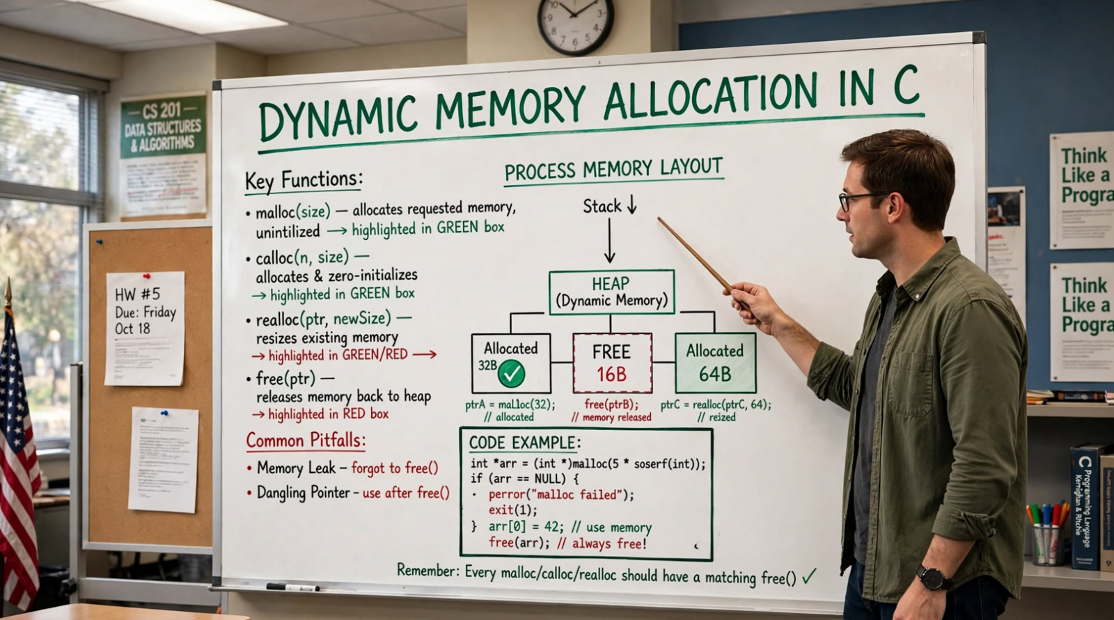 Learn C dynamic memory allocation: malloc, calloc, realloc, and free. Master heap memory management and avoid memory leaks.