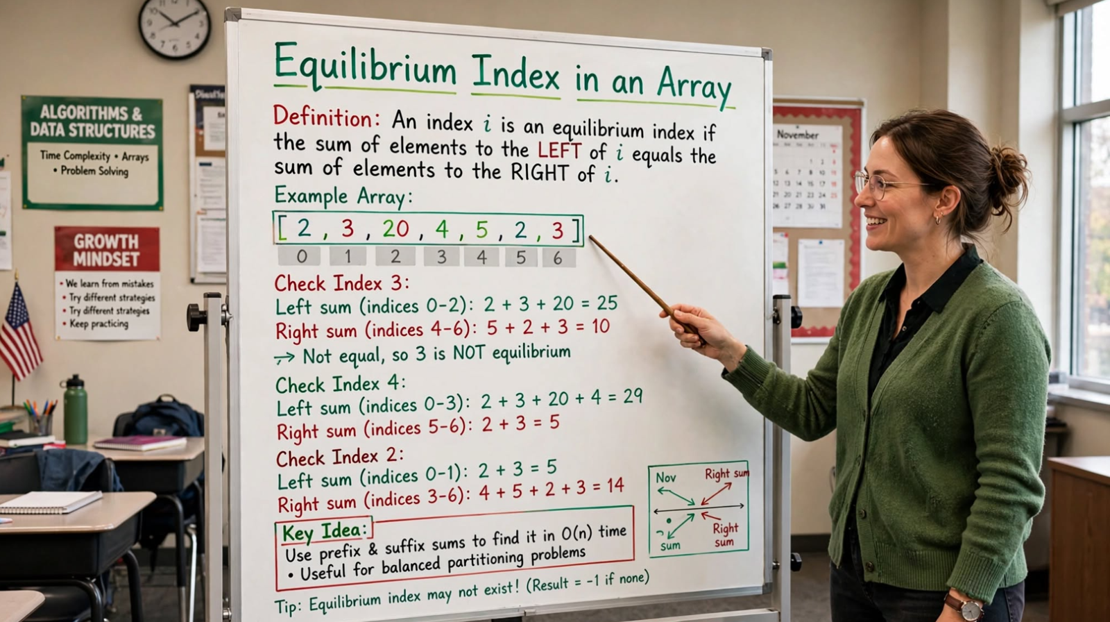 Learn to find the equilibrium index in C: naive O(n²), prefix/suffix arrays, and O(n) running-sum approaches. Master prefix sum techniques.