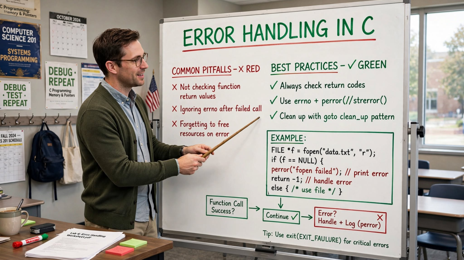 Learn C error handling: errno, perror, strerror, ferror, feof, clearerr, and exit statuses. Master robust error detection and handling.