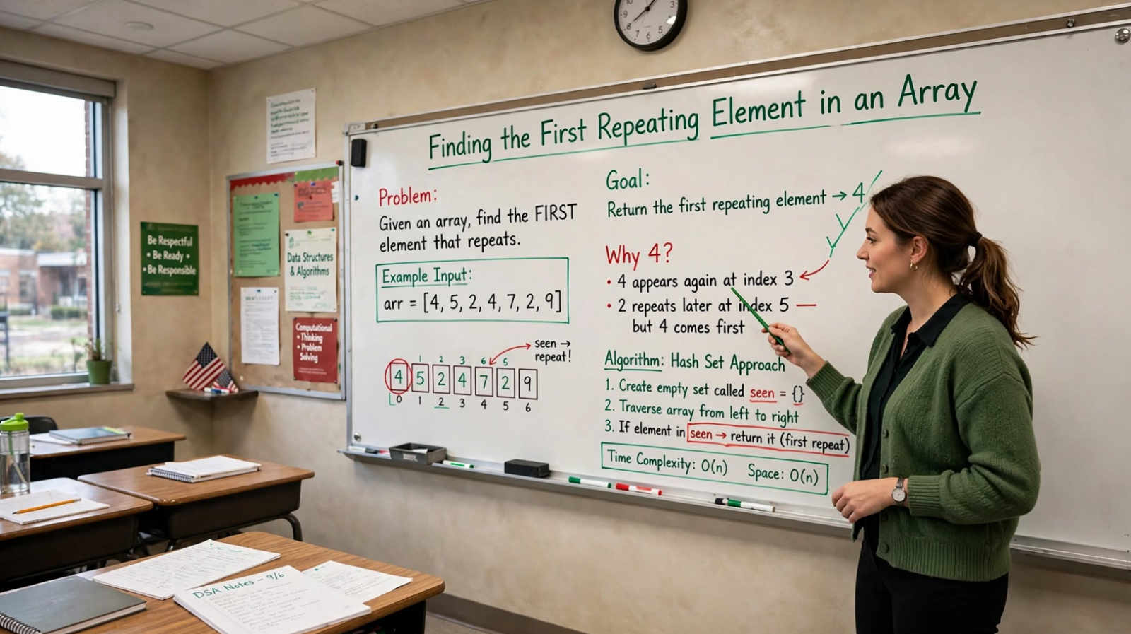 Learn to find the first repeating element in an array using brute force, hash table, and index marking. Master O(n) algorithms with edge cases