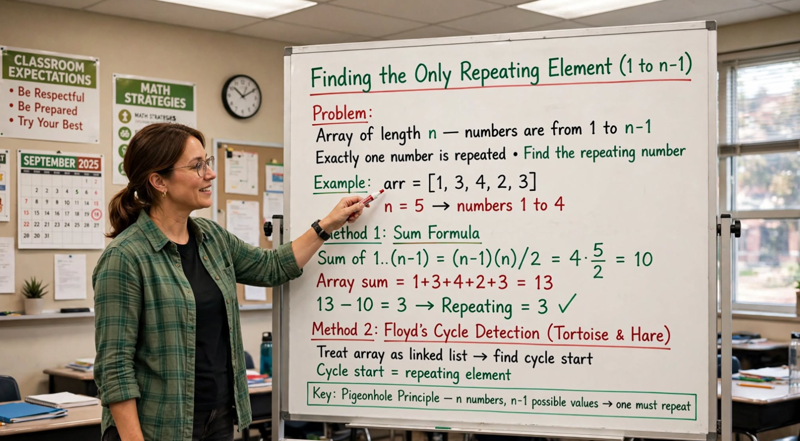 Learn 7 ways to find the only repeating element from 1 to n-1 in C: naive, sort, hash, sum, XOR, index marking, and Floyd's cycle detection.