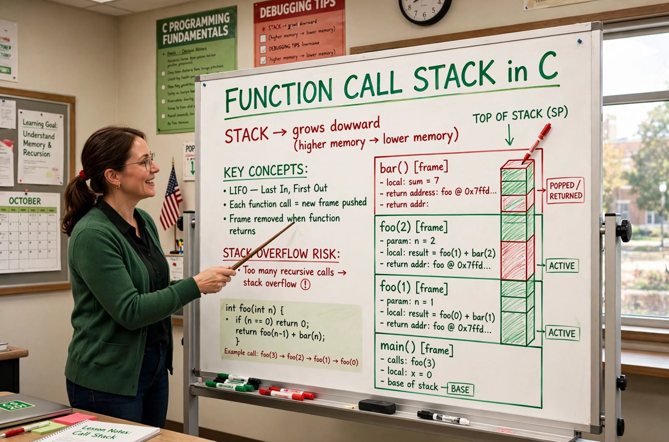Learn the C function call stack: stack frames, parameter passing, recursion, and stack overflow. Master memory management and debugging techniques.