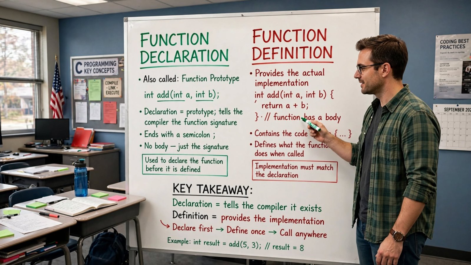 Learn the difference between function declaration and definition in C. Master prototypes, headers, separate compilation, and avoid common pitfalls.