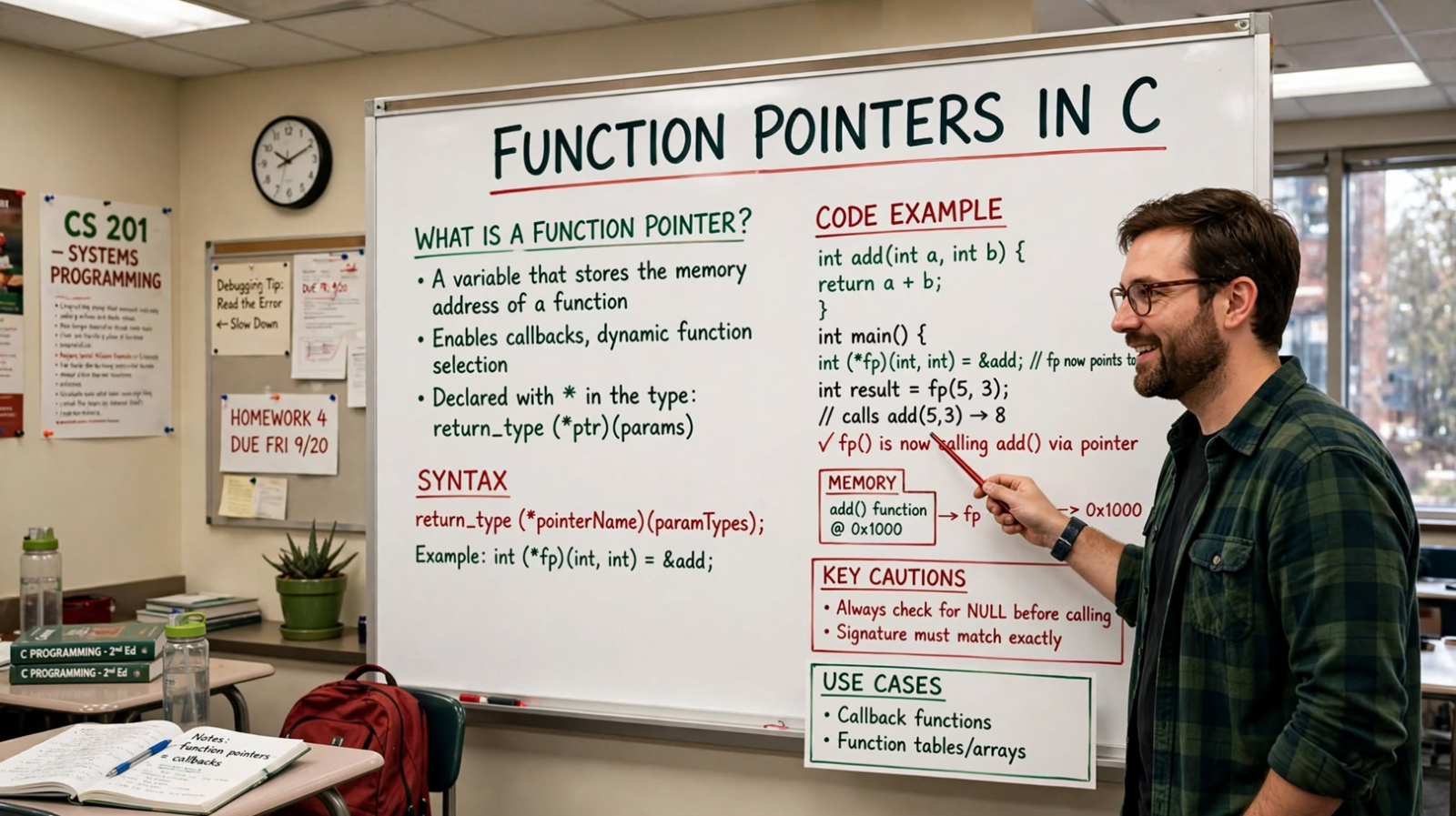 Learn C function pointers: declaration, initialization, callbacks, function tables, and structure member functions. Master dynamic function invocation.