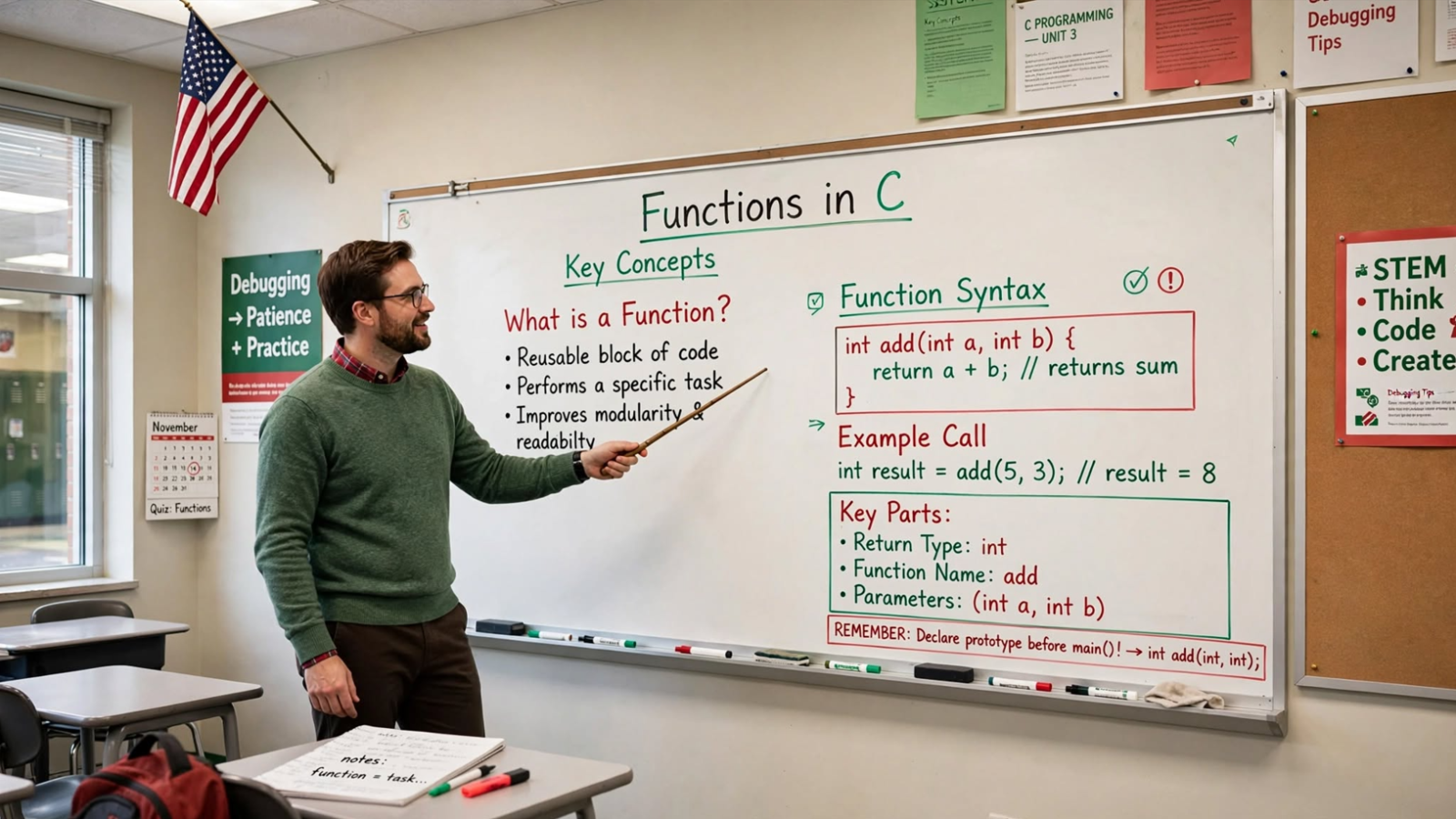 Learn C functions: declaration, definition, calling, parameters, pass by value/pointer, and types. Master modular programming with examples and pitfalls.