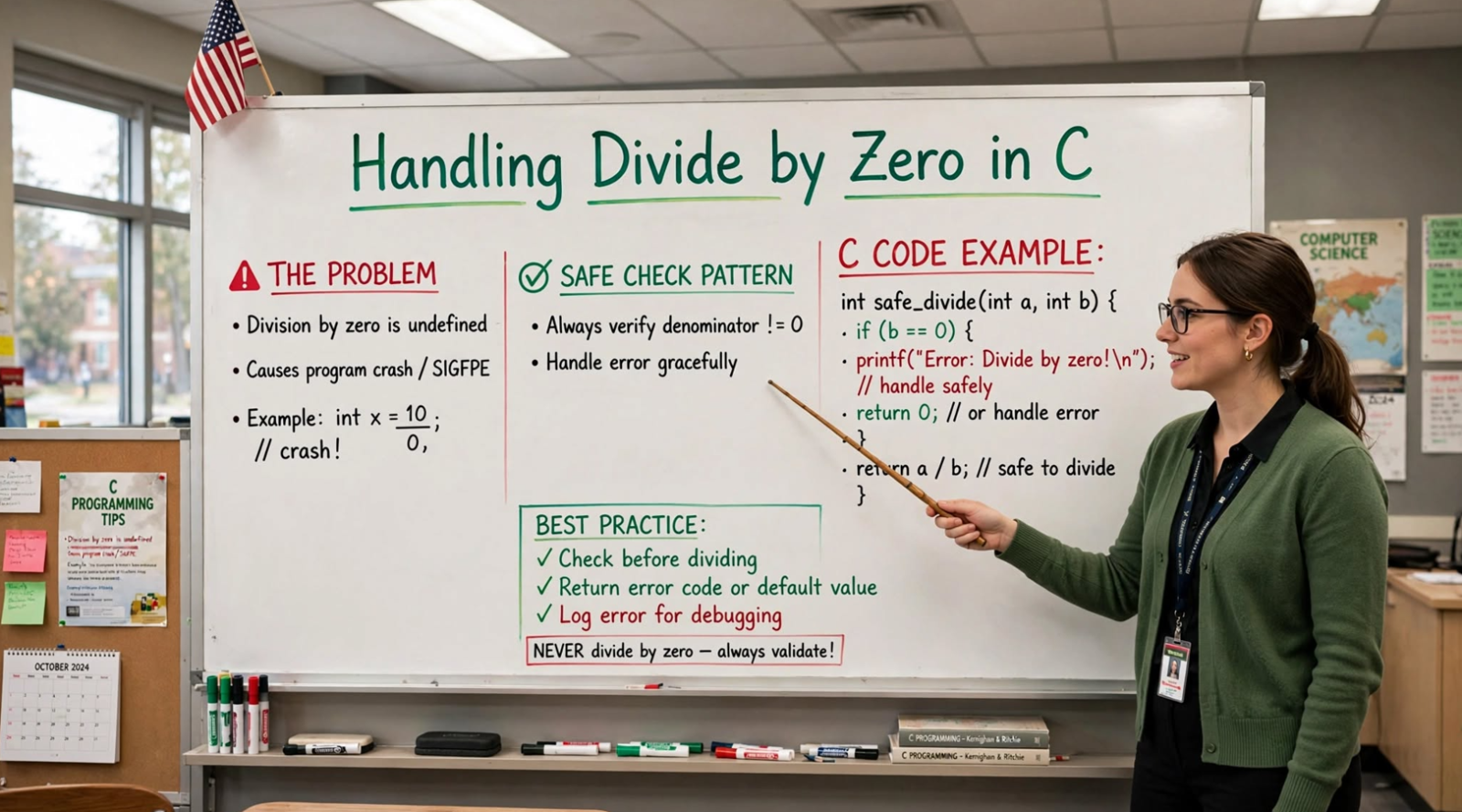 Learn to handle division by zero in C: manual checking, signal handling (SIGFPE), and setjmp/longjmp recovery. Master robust error handling.