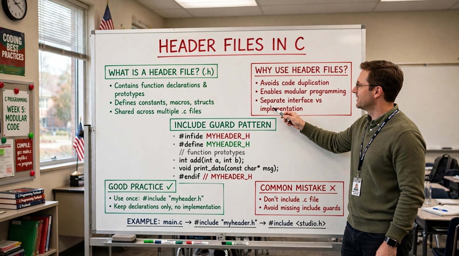Learn C header files: standard headers, user-defined headers, include guards, and best practices. Master modular programming with #include.
