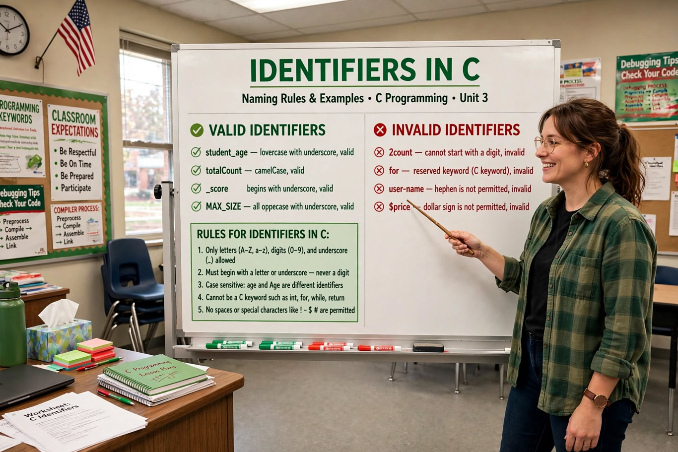 Learn C identifiers: naming rules, valid and invalid examples, conventions, scope, and common pitfalls. Write clean, maintainable C code with best practices.