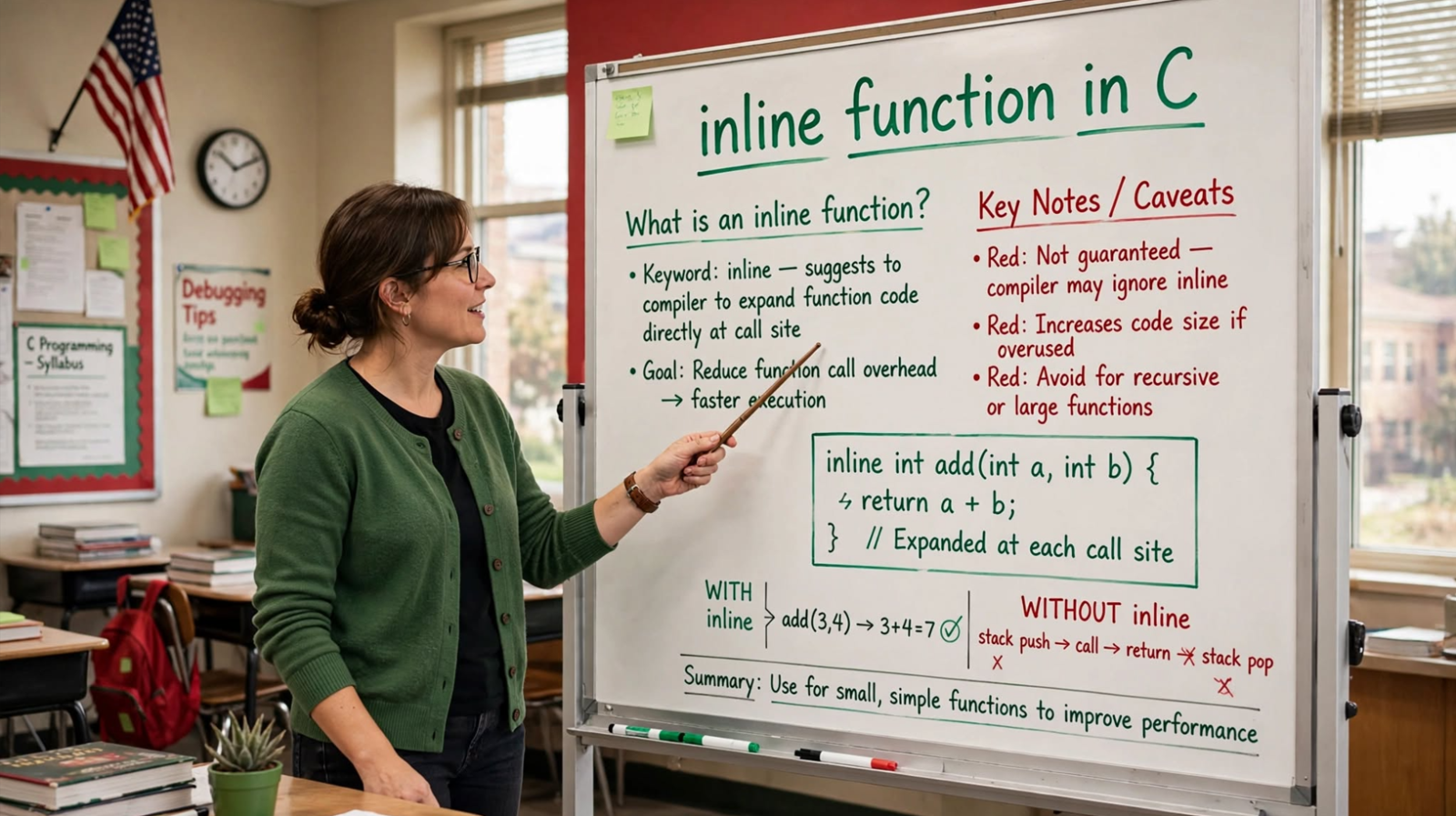 Learn C inline functions: syntax, working, comparison with macros and normal functions. Master performance optimization and avoid common pitfalls.